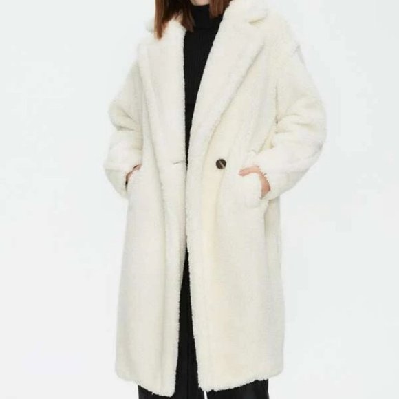 Cream Faux fur oversized button front pocket Teddy Coat - Picture 3 of 11